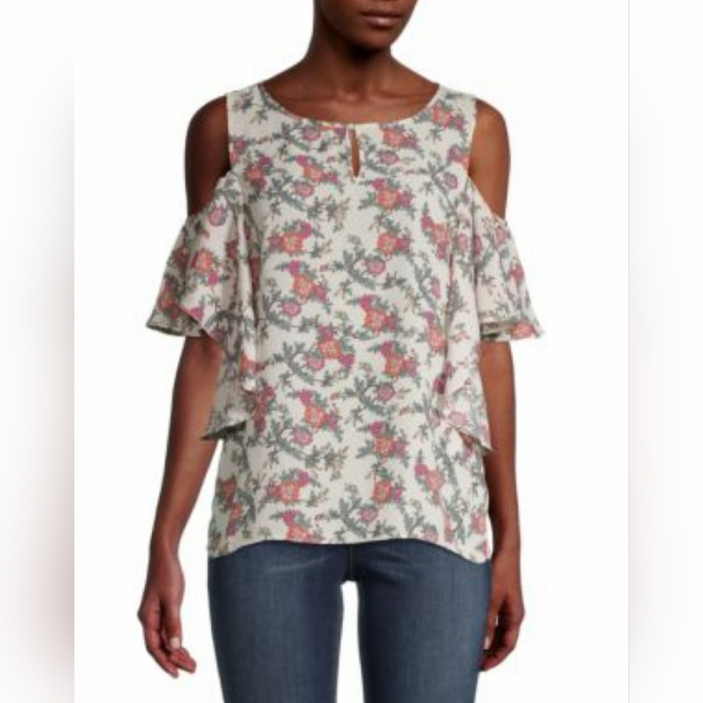 Max Studio Floral Chiffon Cold Shoulder Top Size Small